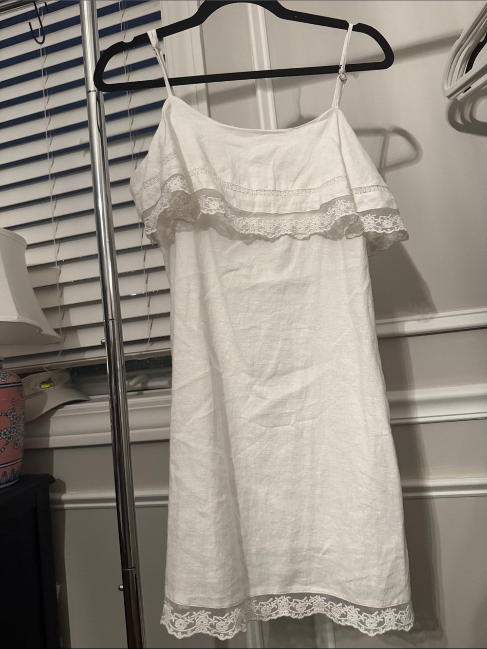 Women's White Lace-Trim Slip Dress with Ruffle Yoke